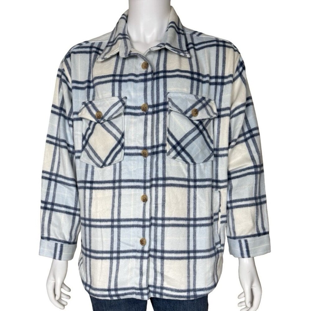 Members Mark Womens XXL 2XL Shacket Jacket Button Up Blue Plaid Pockets Warm New